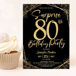Surprise 80th Birthday Party Chic Black & Gold Invitation