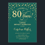 Surprise 80th Birthday Party - Emerald Green Gold Invitation<br><div class="desc">Surprise 80th Birthday Party Invitation.
Elegant design in emerald green and faux glitter gold. Features script font and diamonds confetti. Cheers to 80 Years! Message me if you need further customization.</div>