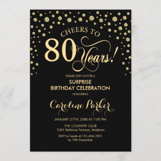 Surprise 80th Birthday Party - Gold Black Invitation