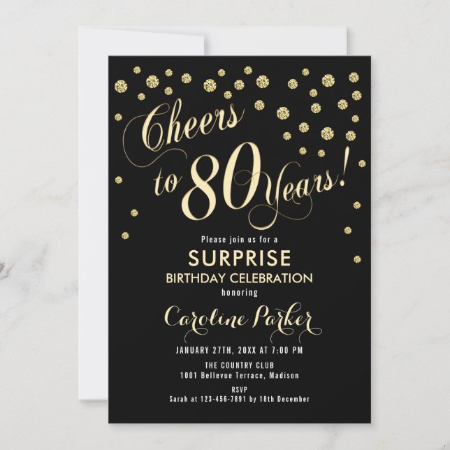 Surprise 80th Birthday Party - Gold Black Invitation (Front)