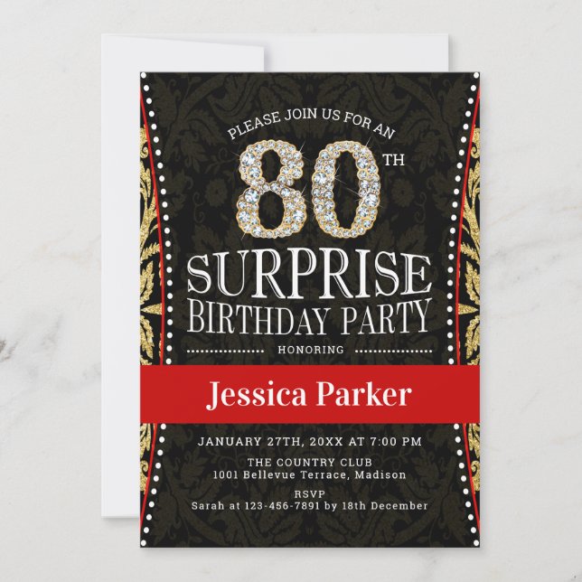 Surprise 80th Birthday Party - Gold Black Red Invitation (Front)