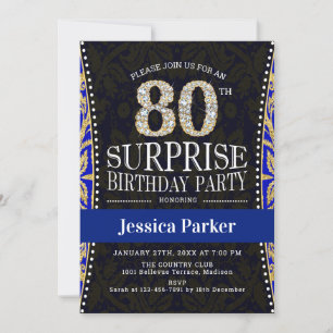 Surprise 80th Birthday Party - Gold Navy Blue Invitation