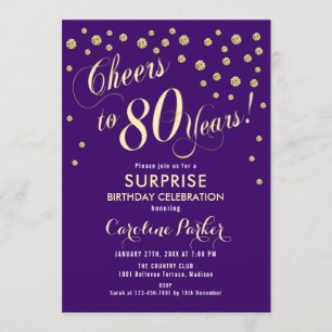 Surprise 80th Birthday Party - Gold Purple Invitation