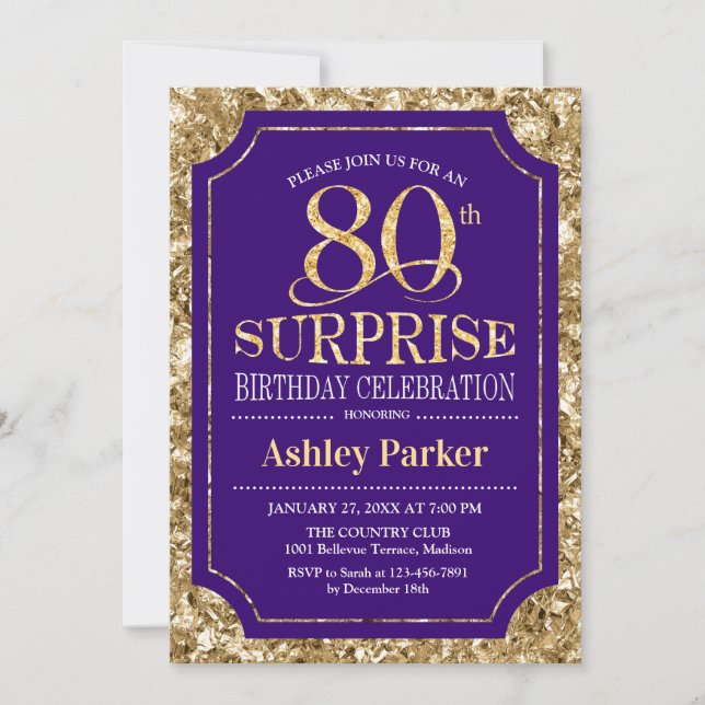 Surprise 80th Birthday Party - Gold Purple Invitation (Front)
