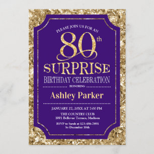 Surprise 80th Birthday Party - Gold Purple Invitation
