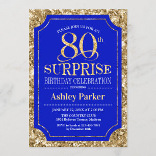 Surprise 80th Birthday Party - Gold Royal Blue Invitation