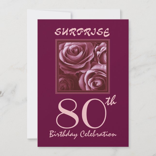 SURPRISE 80th Birthday Party Invite Purple Roses (Front)