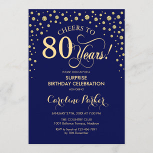 Surprise 80th Birthday Party - Navy Blue Gold Invitation