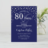 Surprise 80th Birthday Party - Navy Blue Silver Invitation (Standing Front)