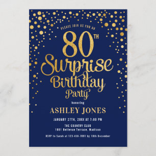 Surprise 80th Birthday Party - Navy & Gold Invitation