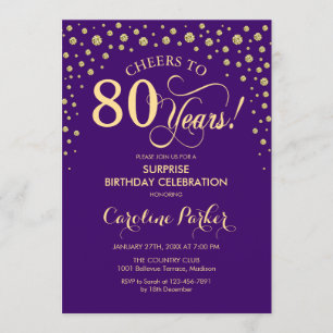 Surprise 80th Birthday Party - Purple Gold Invitation