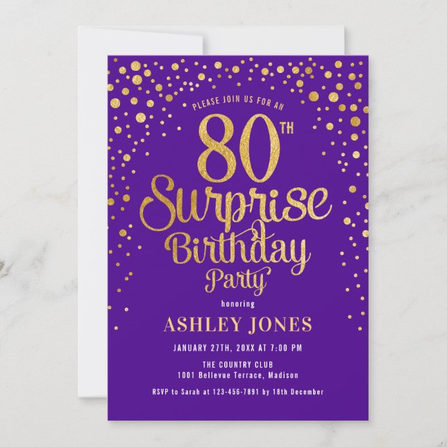 Surprise 80th Birthday Party - Purple & Gold Invitation (Front)