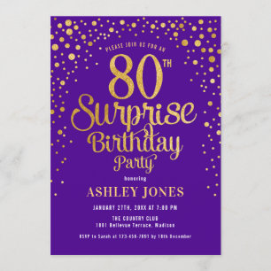 Surprise 80th Birthday Party - Purple & Gold Invitation