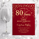 Surprise 80th Birthday Party - Red Gold Invitation<br><div class="desc">Surprise 80th Birthday Party Invitation.
Elegant design in dark red and faux glitter gold. Features script font and diamonds confetti. Cheers to 80 Years! Message me if you need further customization.</div>