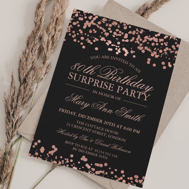 Surprise 80th Birthday Party Rose Gold Foil Invitation (Surprise 80th Birthday Party Rose Gold Foil Invitation)