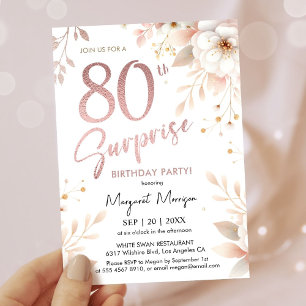 Surprise 80th Birthday Party Rose Gold Girl Floral Invitation