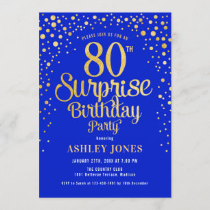 Surprise 80th Birthday Party - Royal Blue & Gold Invitation