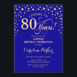 Surprise 80th Birthday Party - Royal Blue Gold Invitation<br><div class="desc">Surprise 80th Birthday Party Invitation.
Elegant design in sapphire royal blue and faux glitter gold. Features script font and diamonds confetti. Cheers to 80 Years! Message me if you need further customization.</div>