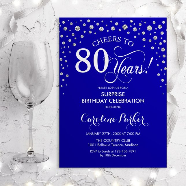 Surprise 80th Birthday Party - Royal Blue Silver Invitation (Creator Uploaded)