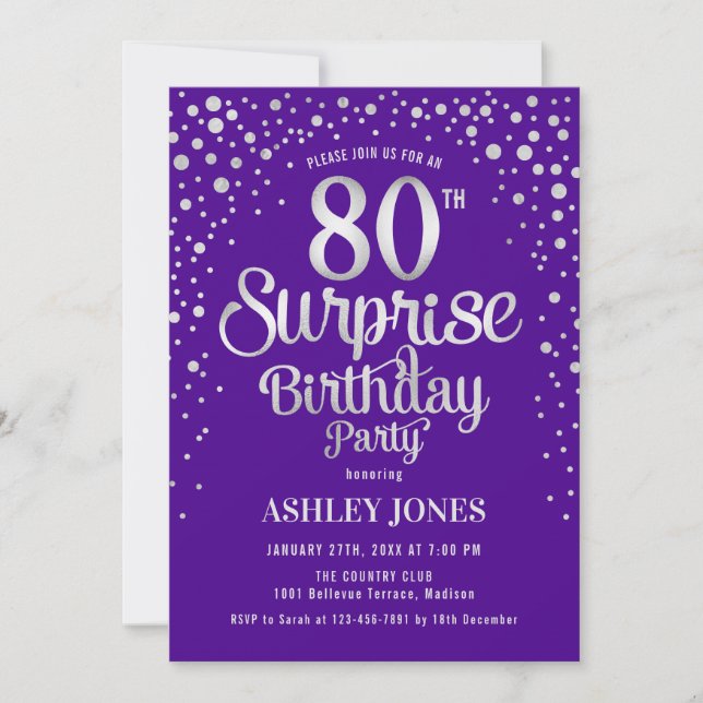 Surprise 80th Birthday Party - Silver & Purple Invitation (Front)