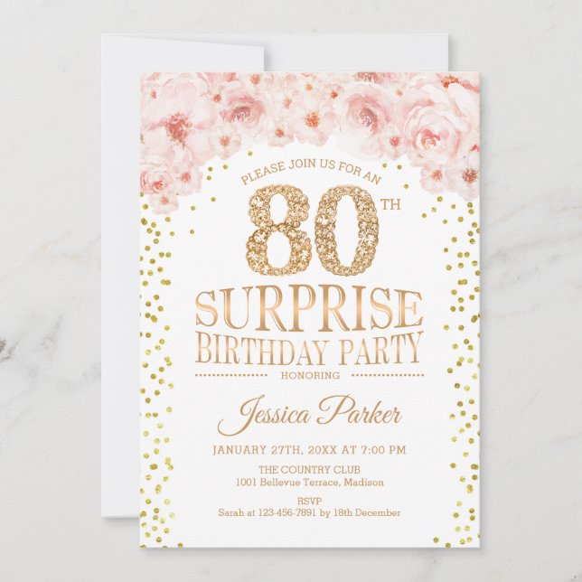 Surprise 80th Birthday Party - White Gold Pink Invitation (Front)