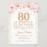 Surprise 80th Birthday Party - White Gold Pink Invitation<br><div class="desc">Surprise 80th Birthday Party Invitation.
Elegant design in faux glitter gold,  white and pink. Features confetti,  script font and watercolor blush pink flowers. Message me if you need further customisation.</div>