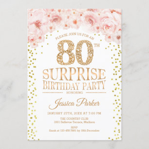 Surprise 80th Birthday Party - White Gold Pink Invitation