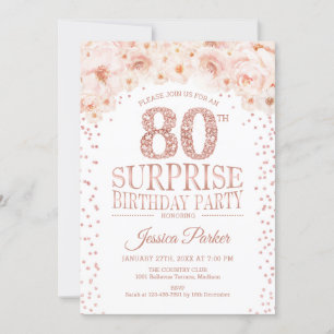Surprise 80th Birthday Party - White Rose Gold Invitation
