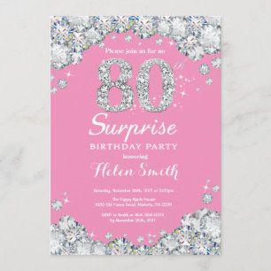 Surprise 80th Birthday Pink and Silver Diamond Invitation