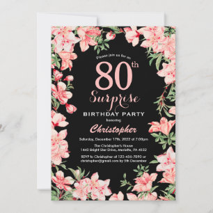 Surprise 80th Birthday Pink Floral Flowers Black Invitation