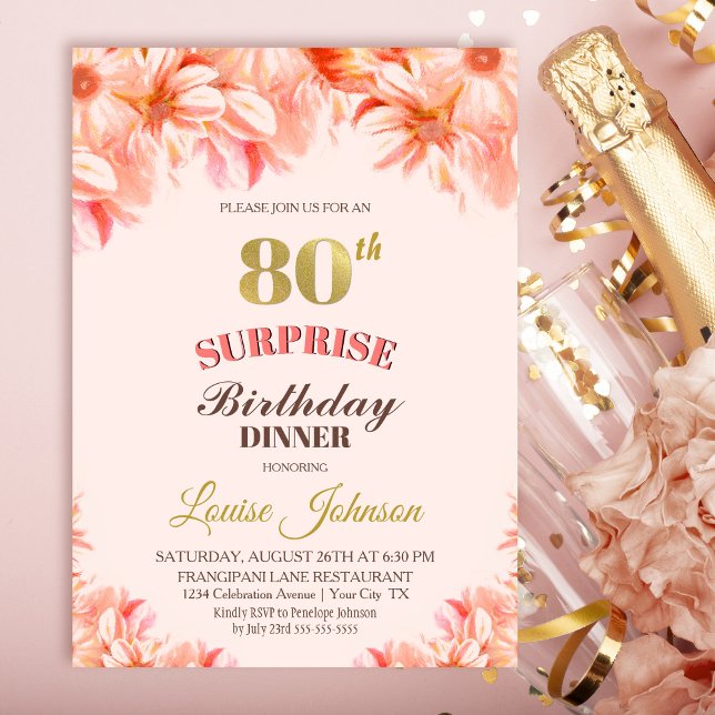 Surprise 80th Birthday Pink Gold Floral Dinner Invitation (Creator Uploaded)