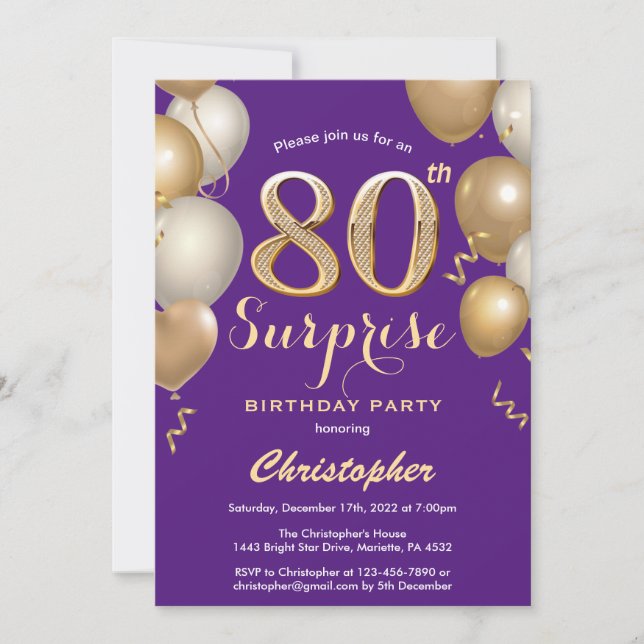 Surprise 80th Birthday Purple and Gold Balloons Invitation (Front)