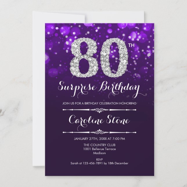 Surprise 80th Birthday - Purple Silver Invitation (Front)
