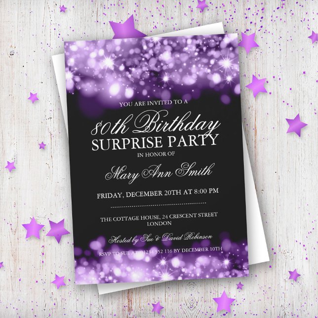 Surprise 80th Birthday Purple Sparkling Lights Invitation (Creator Uploaded)