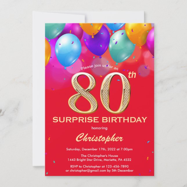 Surprise 80th Birthday Red and Gold Balloons Invitation (Front)