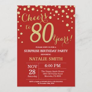 Surprise 80th Birthday Red and Gold Diamond Invitation