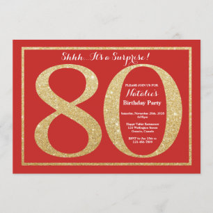 Surprise 80th Birthday Red and Gold Glitter Invitation