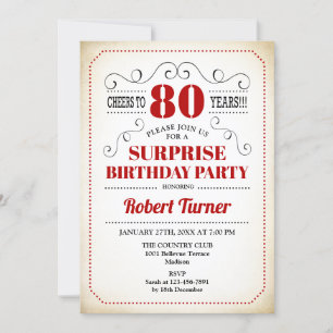 Surprise 80th Birthday - Red White Black Invitation