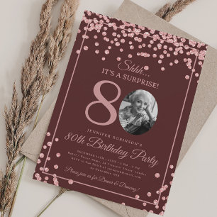 SURPRISE 80th Birthday Rose Gold Confetti Burgundy Invitation