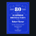 Surprise 80th Birthday - Royal Blue Invitation<br><div class="desc">Surprise 80th Birthday Invitation.
Elegant retro royal blue and white design. Cheers to 80 years! Can be customized to show any age!</div>