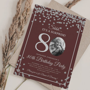 SURPRISE 80th Birthday Silver Confetti Burgundy  Invitation