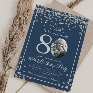 SURPRISE 80th Birthday Silver Confetti Navy Blue  Invitation