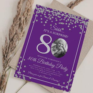 SURPRISE 80th Birthday Silver Confetti Purple  Invitation