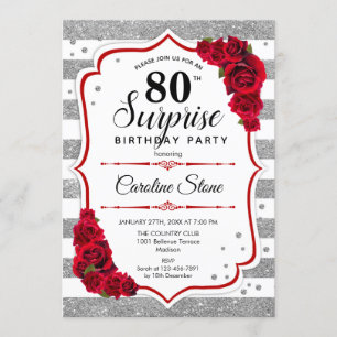 Surprise 80th Birthday - Silver White Red Invitation