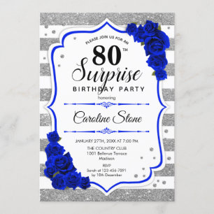 Surprise 80th Birthday - Silver White Royal Blue Invitation