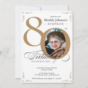 Surprise 80th Birthday White Gold Elegant Photo  Invitation