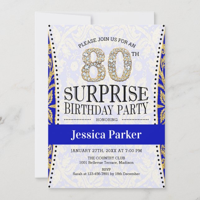 Surprise 80th Birthday - White Gold Royal Blue Invitation (Front)