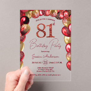 Surprise 81st Birthday Party Gold Burgundy Glitter Acrylic Invitations