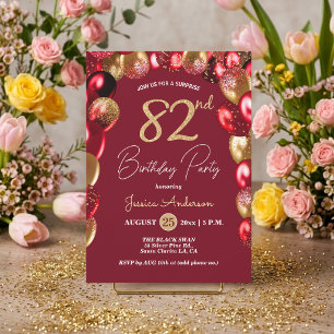 Surprise 82nd Birthday Party Gold Burgundy Glitter Invitation