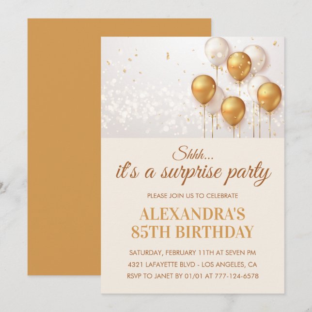 Surprise 85th birthday invitations Gold (Front/Back)